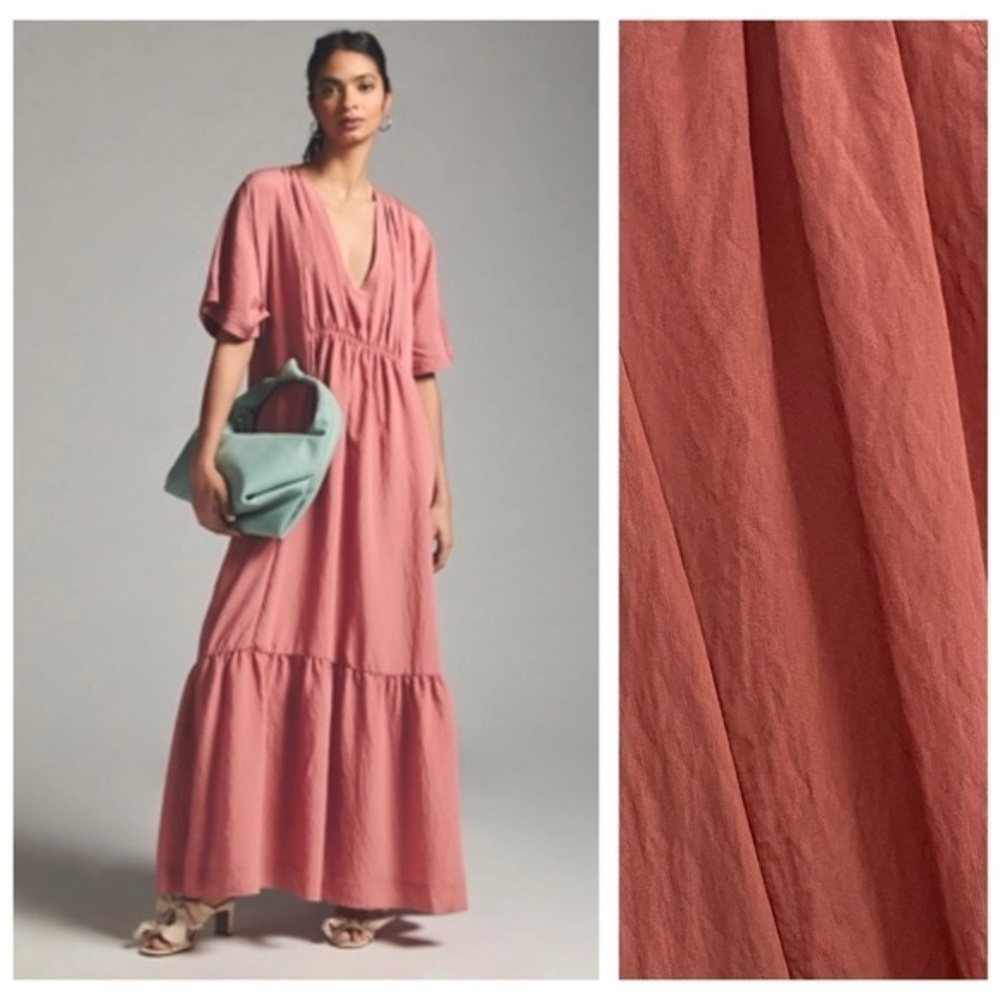 Anthropologie Mauve Pink V-Neck Waistless Maxi Dress Large